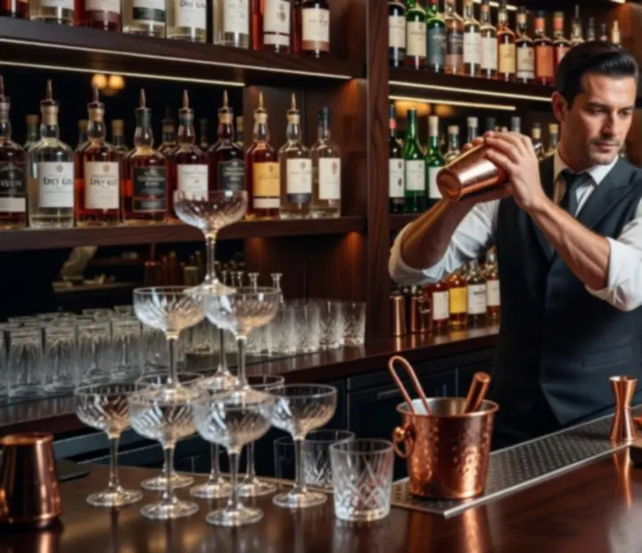 Artisan koktélok és borospoharak egy elegáns budapesti bistro bárpulton