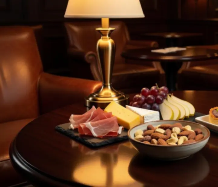 Diszkréten tálalt snack válogatás a Cityadvisorhub Advisor Card Lounge asztalán.