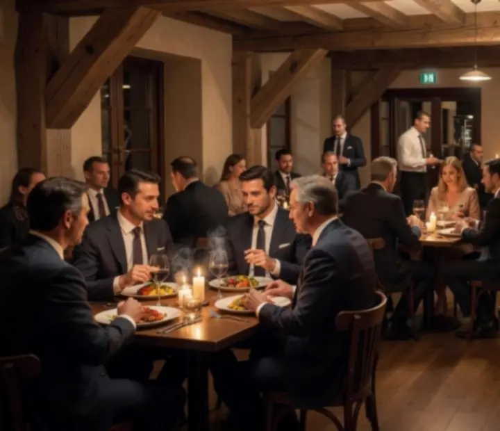 Gyertyafényes, rusztikusan elegáns grillház enteriőr terítve egy esti Social Banquet eseményre