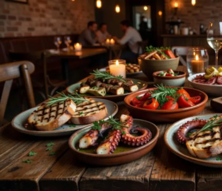 Elegánsan tálalt fatüzeléses grill előételek megosztható tállal a Cityadvisorhub bistroban.