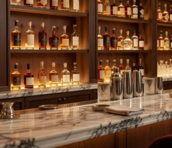 Elegáns mixology bár belső fa pulttal, borospoharakkal és hangulatos fényekkel