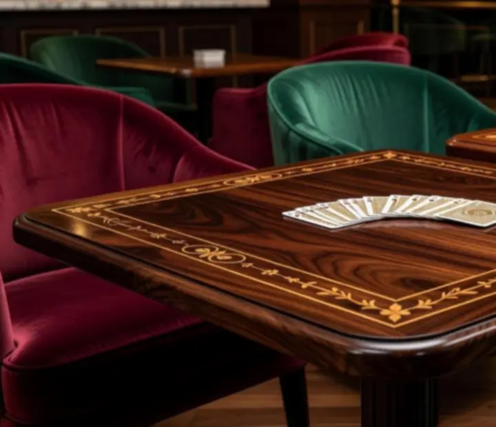 Kézzel készült, faborítású kártyaasztalok elegáns terítékkel